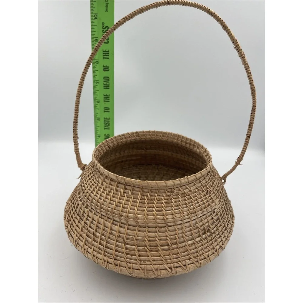 Vintage Hand Woven Natural Grass Basket Bulbous Round Handle Tan Boho Decor